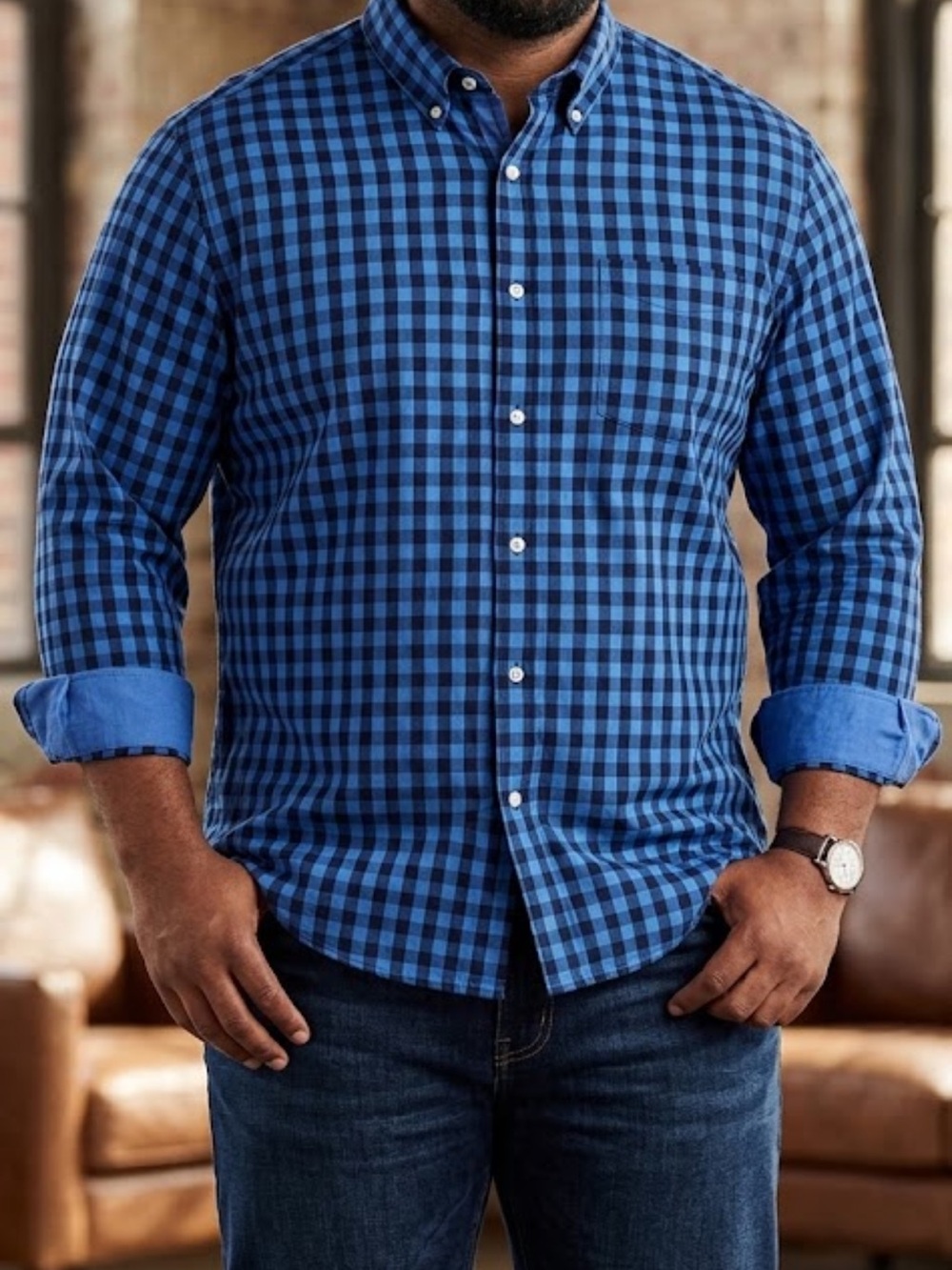 L Men's Blue Check Button-Down Shirt